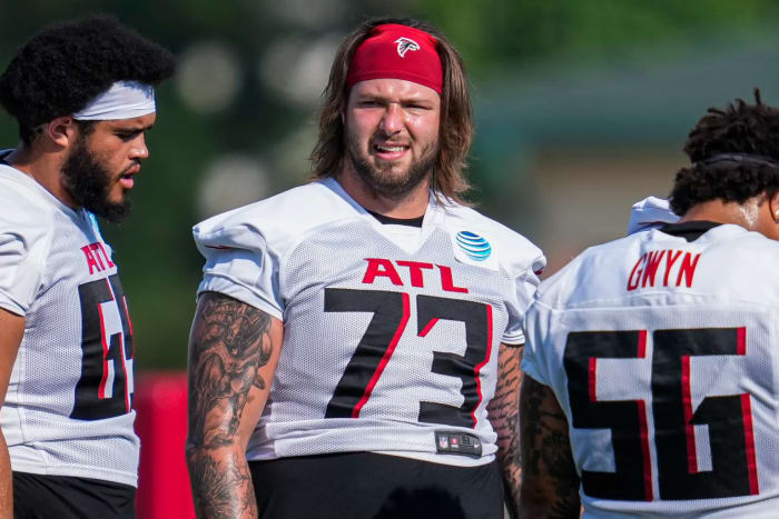 Atlanta Falcons offensive tackle Tyler Vrabel (73) on the field during training camp at IBM Performance Field